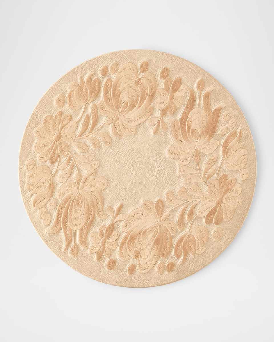Floral Embroidered Vegan Leather Placemat, 22" Round